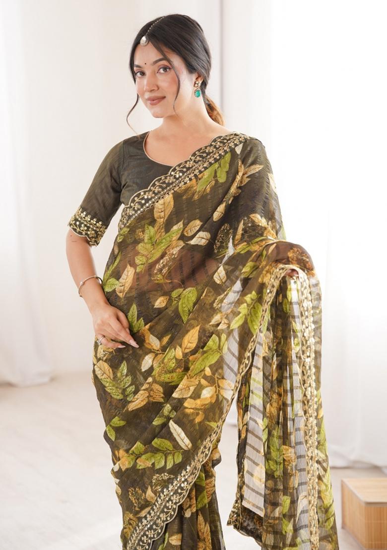 Green Abstract Silk Saree Set - Indya