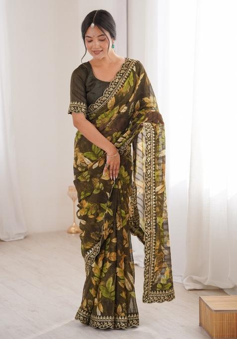 Green Abstract Silk Saree Set