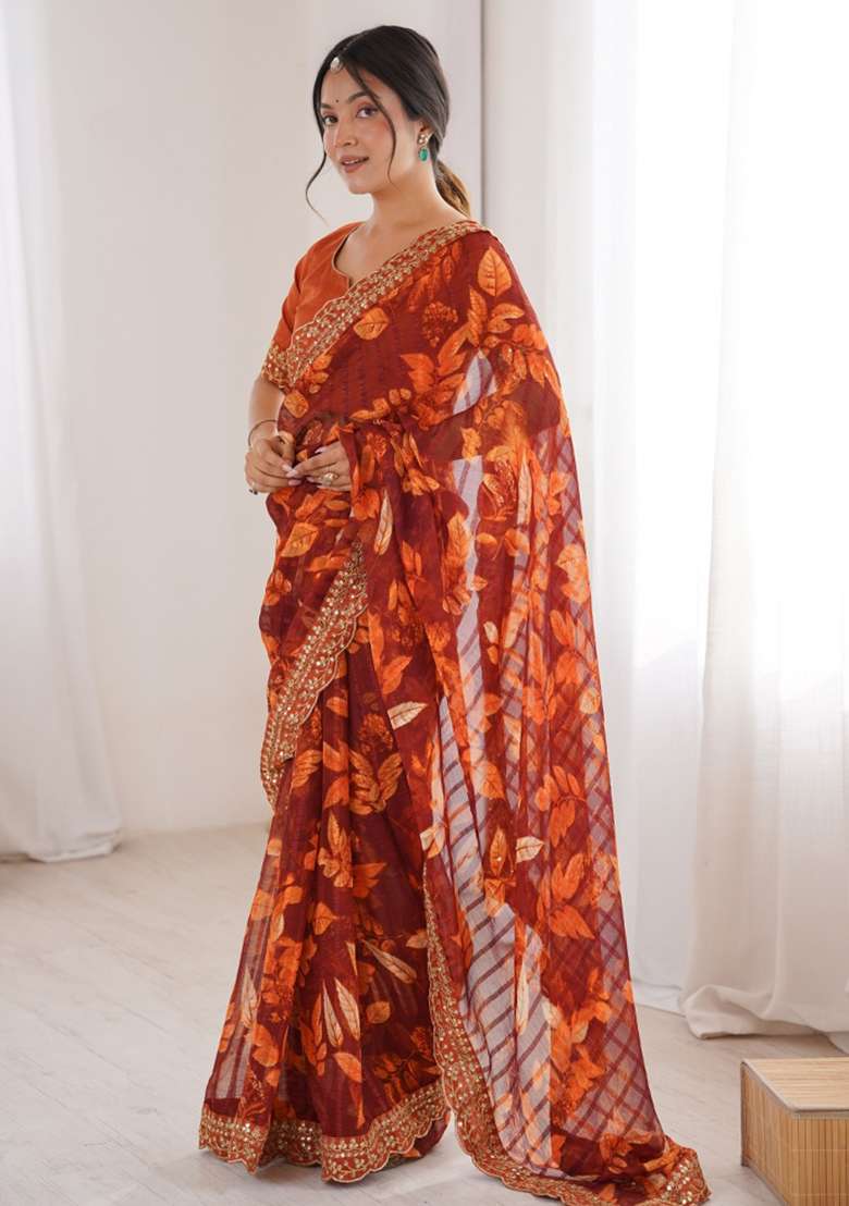 Orange Abstract Silk Saree Set for Diwali | Wedding & Festive Wear - Indya
