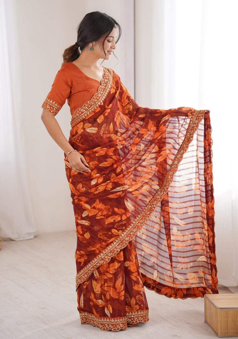 Orange Abstract Silk Saree Set - Indya