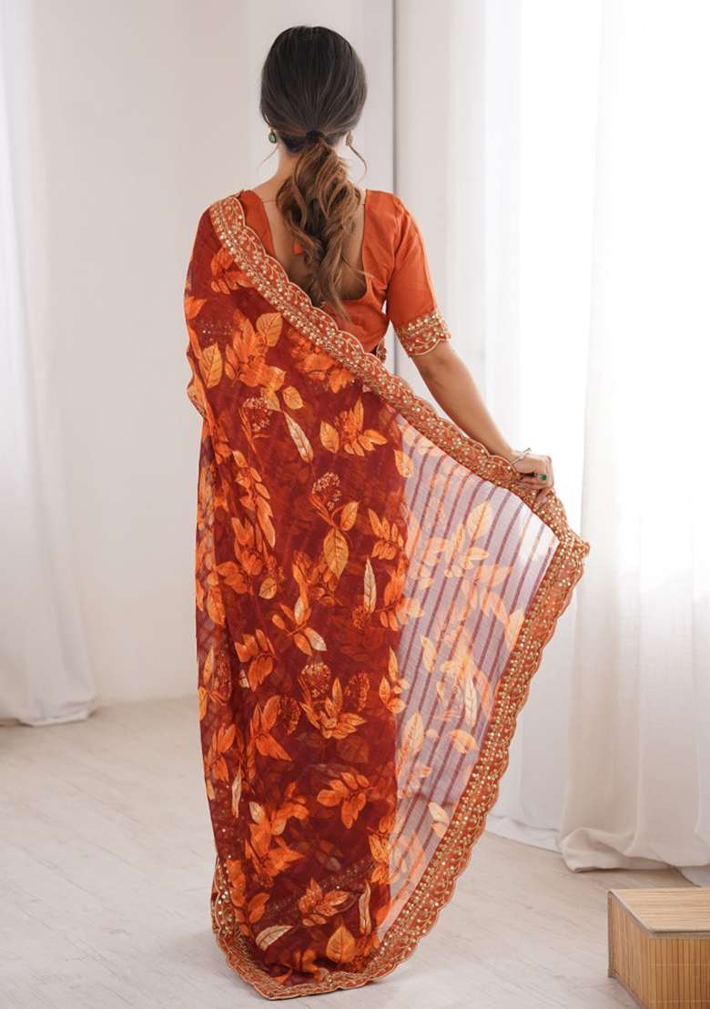 Orange Abstract Silk Saree Set for Diwali | Wedding & Festive Wear - Indya