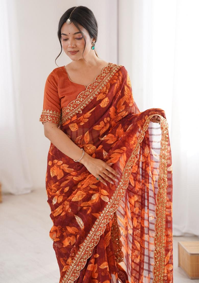 Orange Abstract Silk Saree Set - Indya