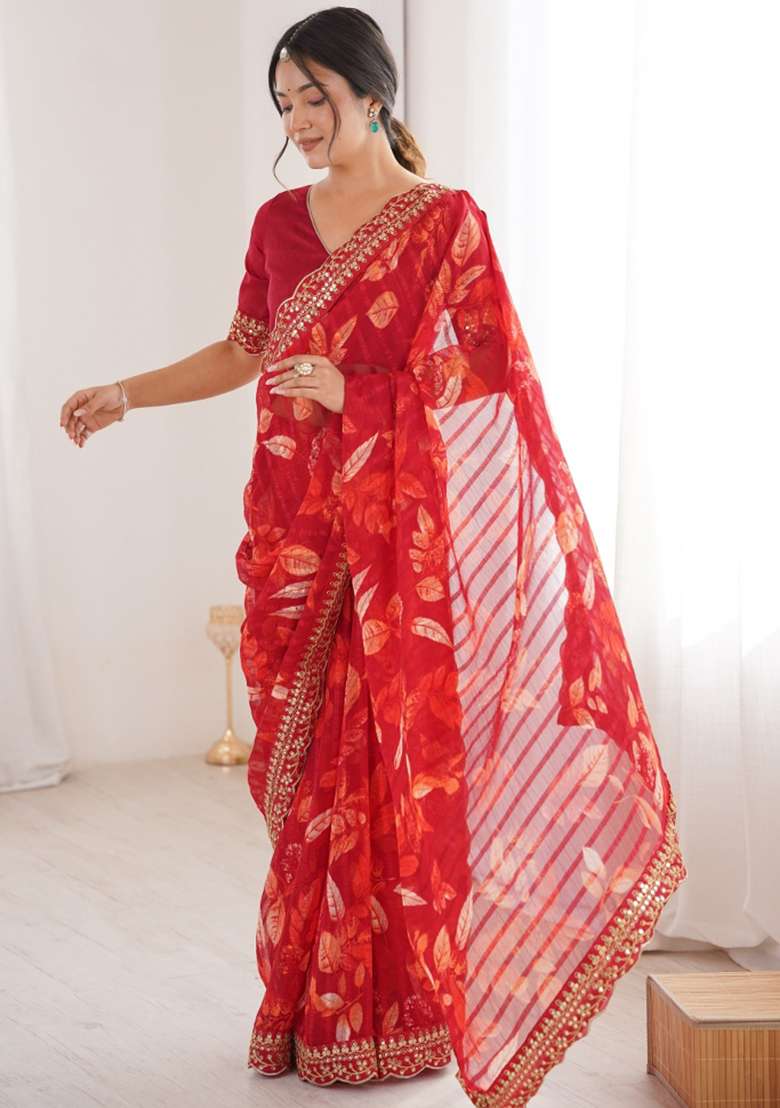 Red Abstract Silk Saree Set for Diwali | Wedding & Festive Wear - Indya