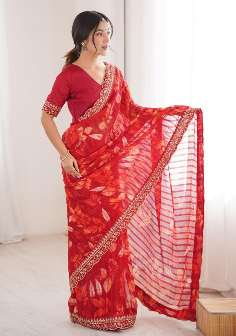 Red Abstract Silk Saree Set - Indya
