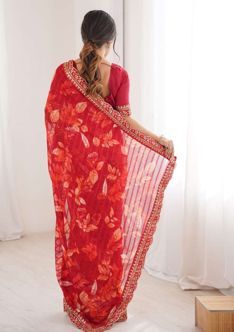 Red Abstract Silk Saree Set for Diwali | Wedding & Festive Wear - Indya
