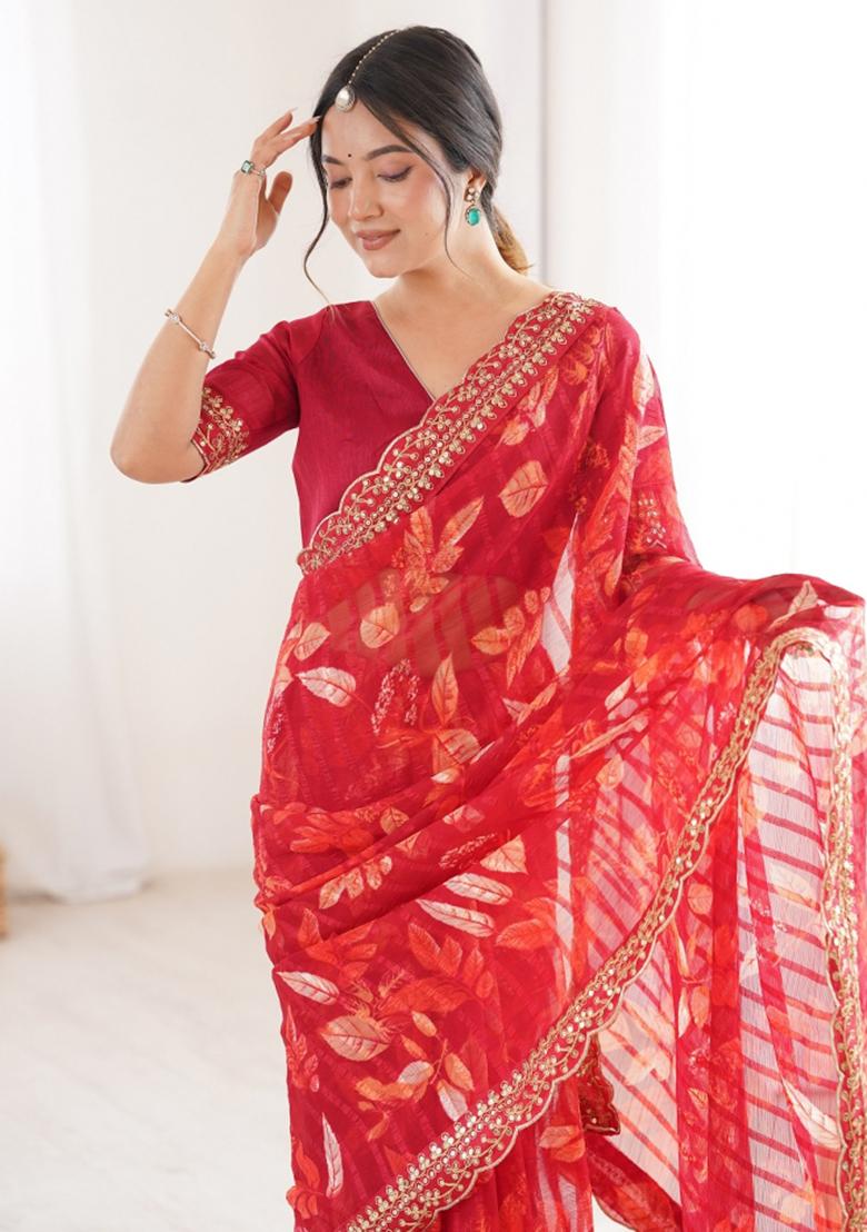 Red Abstract Silk Saree Set - Indya