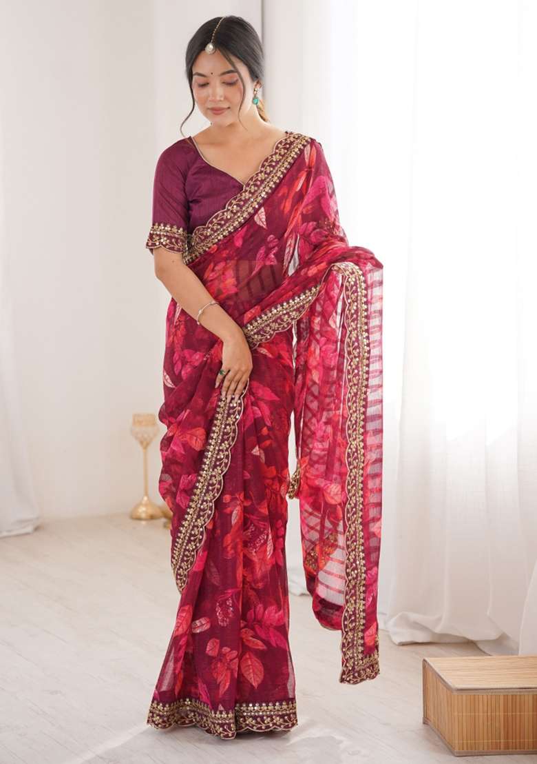 Wine Abstract Silk Saree Set for Diwali and Festive Wear - Indya