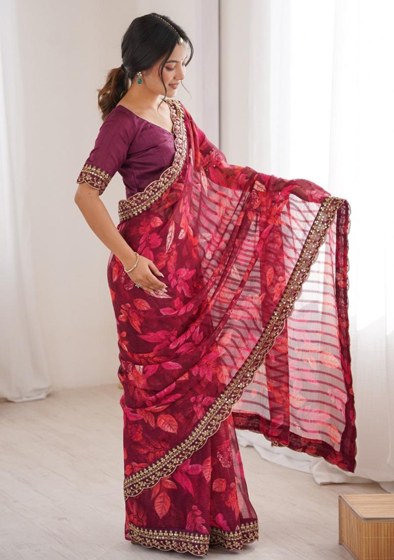 Wine Abstract Silk Saree Set - Indya