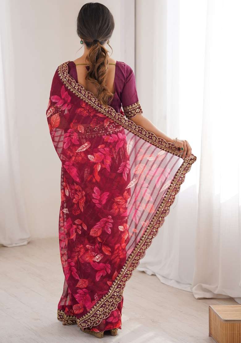 Wine Abstract Silk Saree Set for Diwali and Festive Wear - Indya