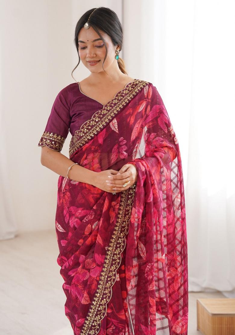 Wine Abstract Silk Saree Set - Indya