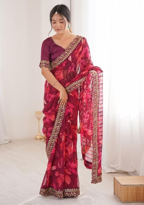 Wine Abstract Silk Saree Set