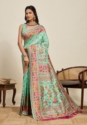 Sea Green Zari Work Silk Saree Set