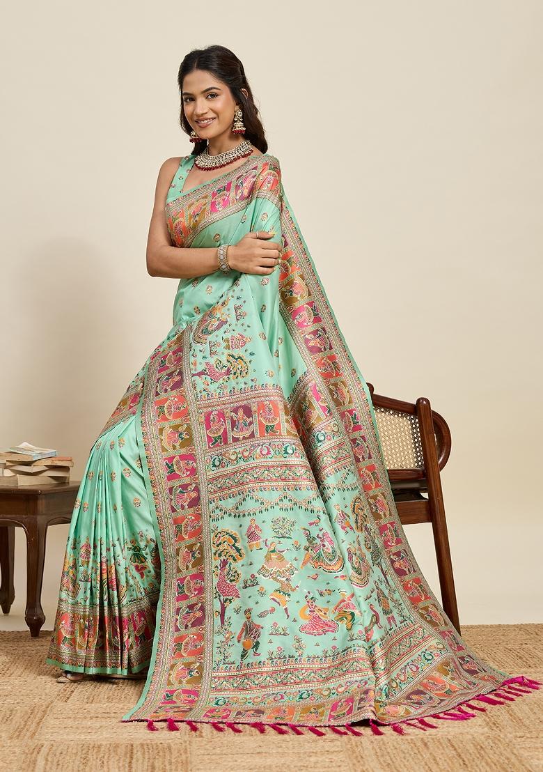 Sea Green Zari Work Silk Saree Set - Indya