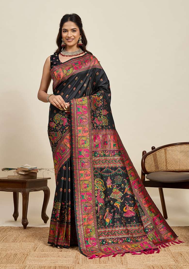 Black Silk Saree Set with Zari Work for Diwali | Wedding & Festive Wear - Indya