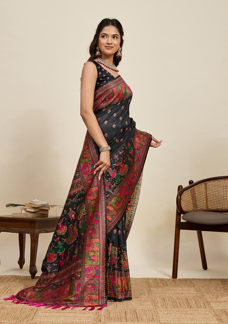 Black Zari Work Silk Saree Set - Indya