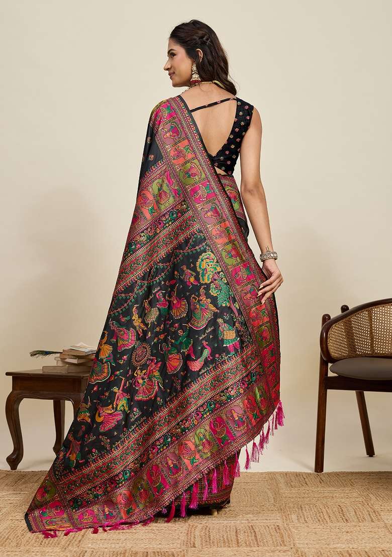 Black Silk Saree Set with Zari Work for Diwali | Wedding & Festive Wear - Indya