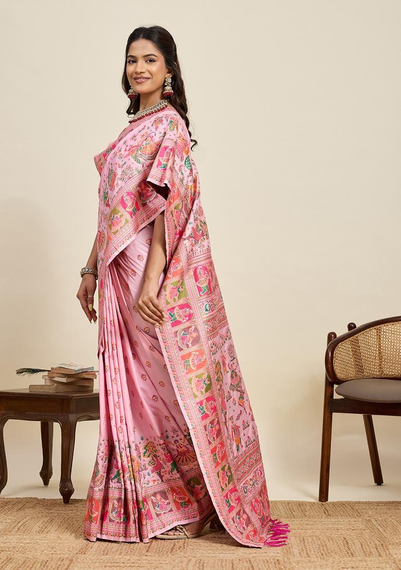 Pink Zari Work Silk Saree Set - Indya