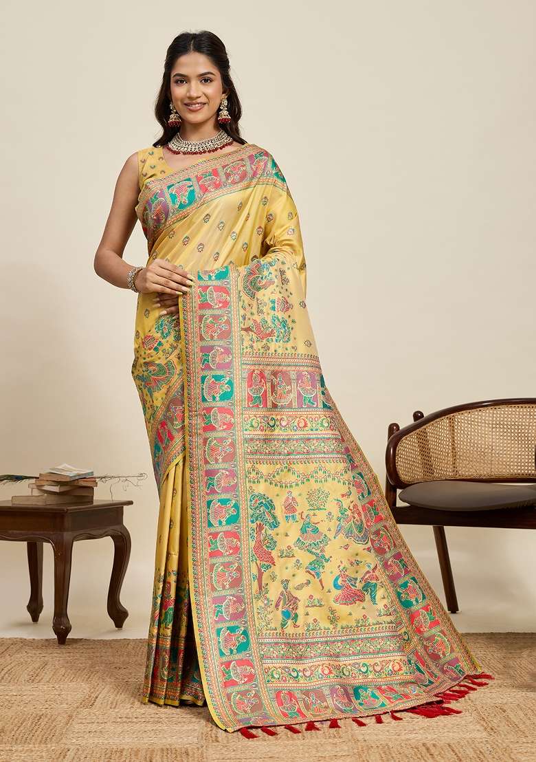 Yellow Zari Work Silk Saree Set for Diwali and Festive Wear - Indya