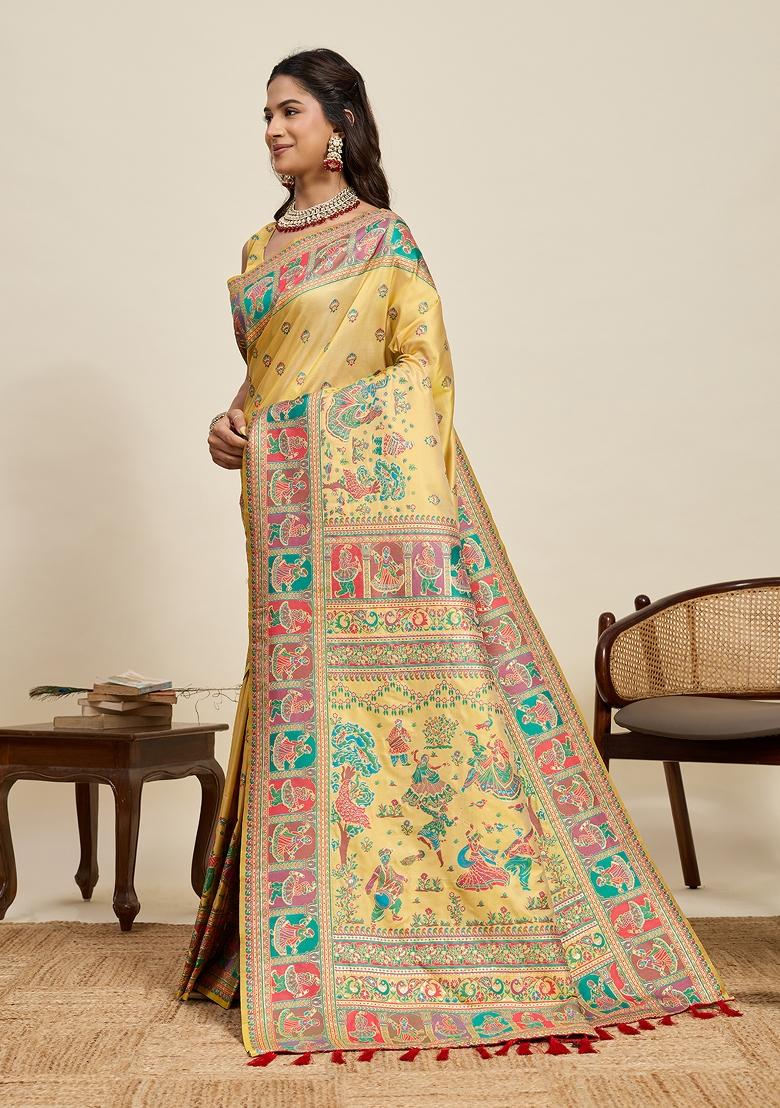 Yellow Zari Work Silk Saree Set - Indya
