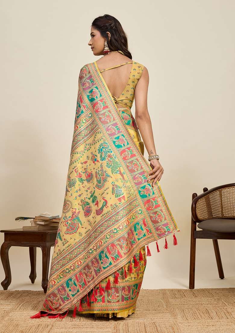 Yellow Zari Work Silk Saree Set for Diwali and Festive Wear - Indya