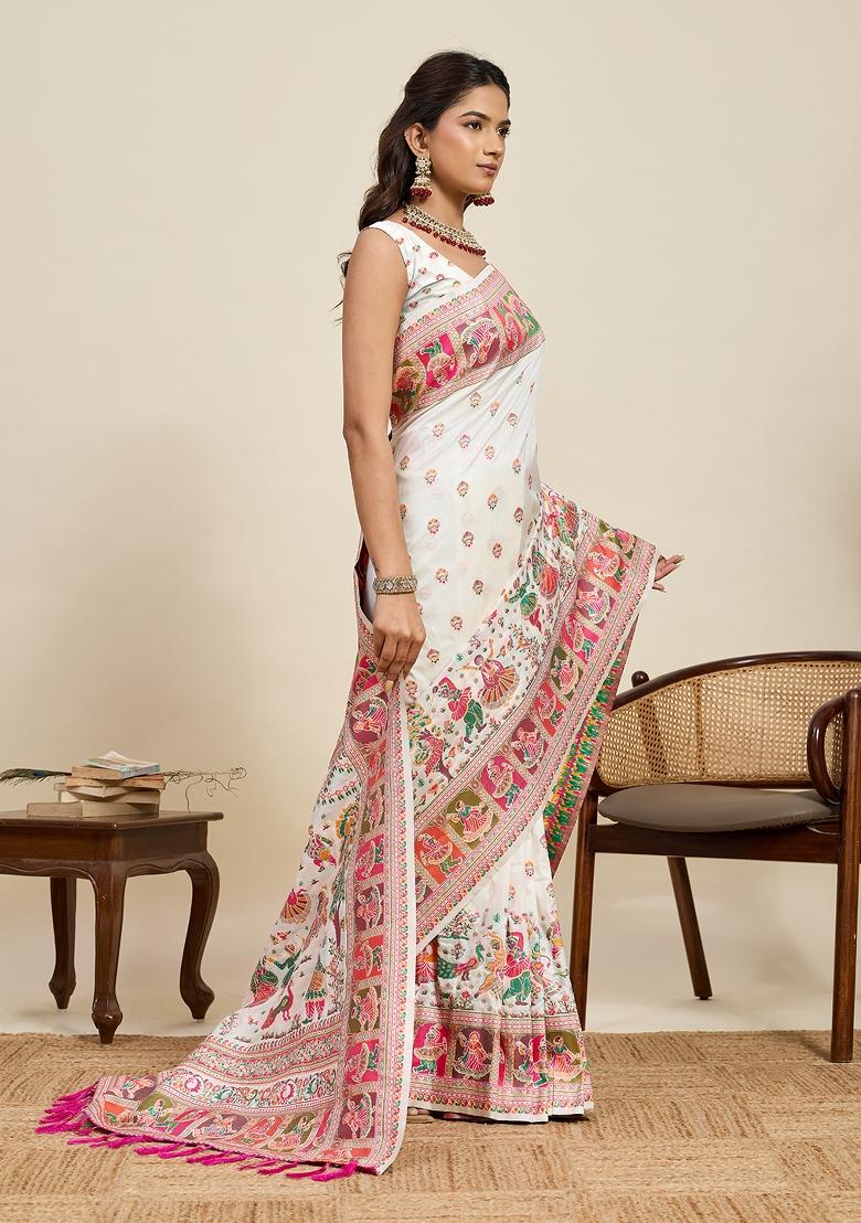 Off White Zari Work Silk Saree Set - Indya