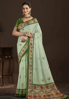 Green Abstract Silk Saree Set