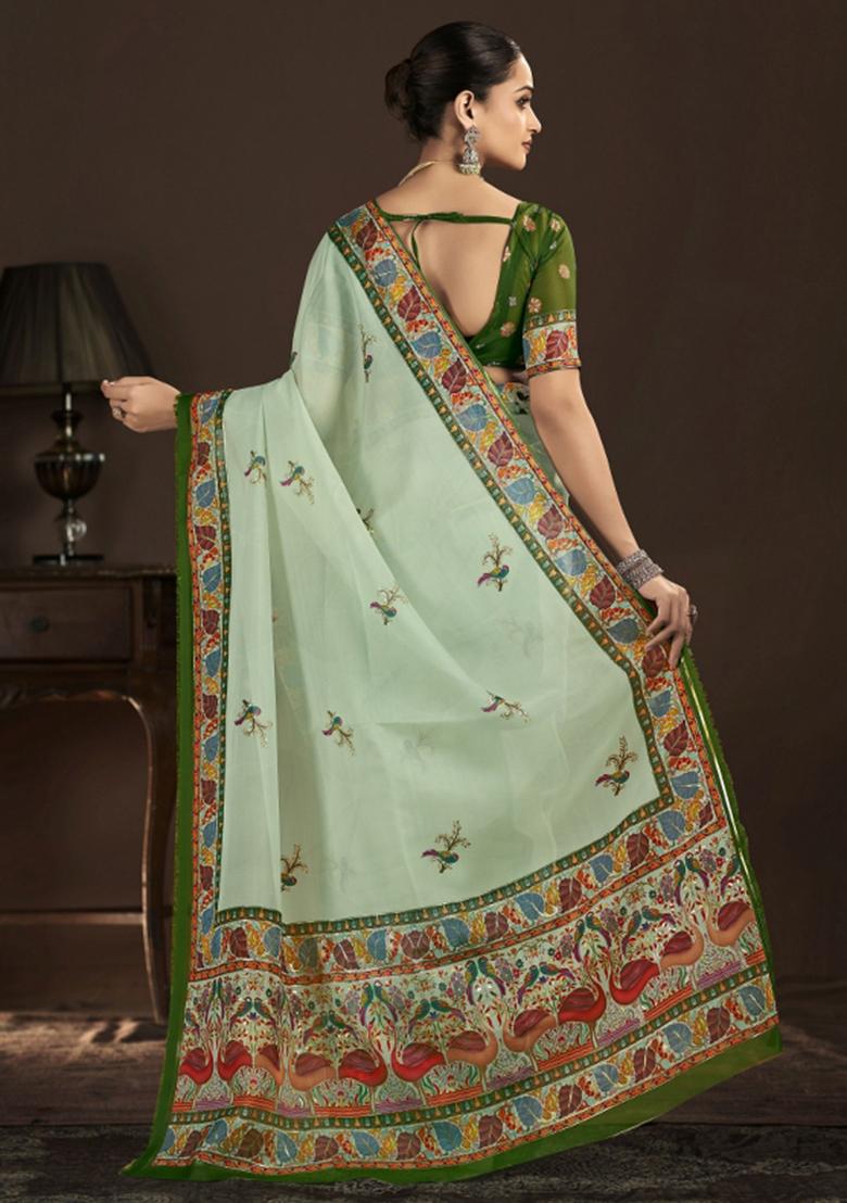 Green Abstract Silk Saree Set - Indya