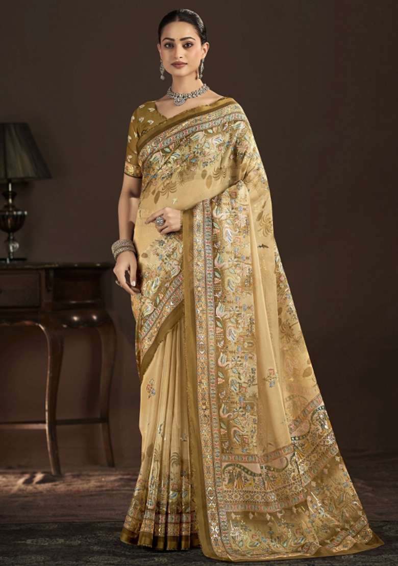 Beige Abstract Silk Saree Set for Diwali | Wedding & Festive Wear - Indya