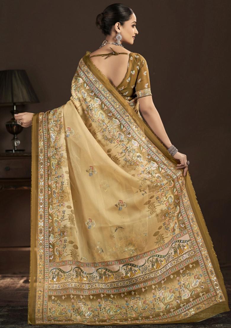 Beige Abstract Silk Saree Set - Indya