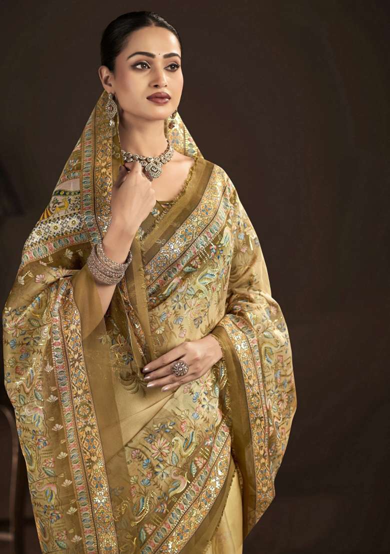 Beige Abstract Silk Saree Set for Diwali | Wedding & Festive Wear - Indya