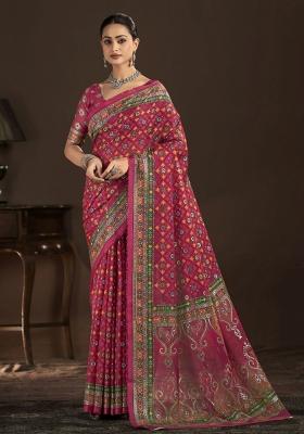 Red Abstract Silk Saree Set
