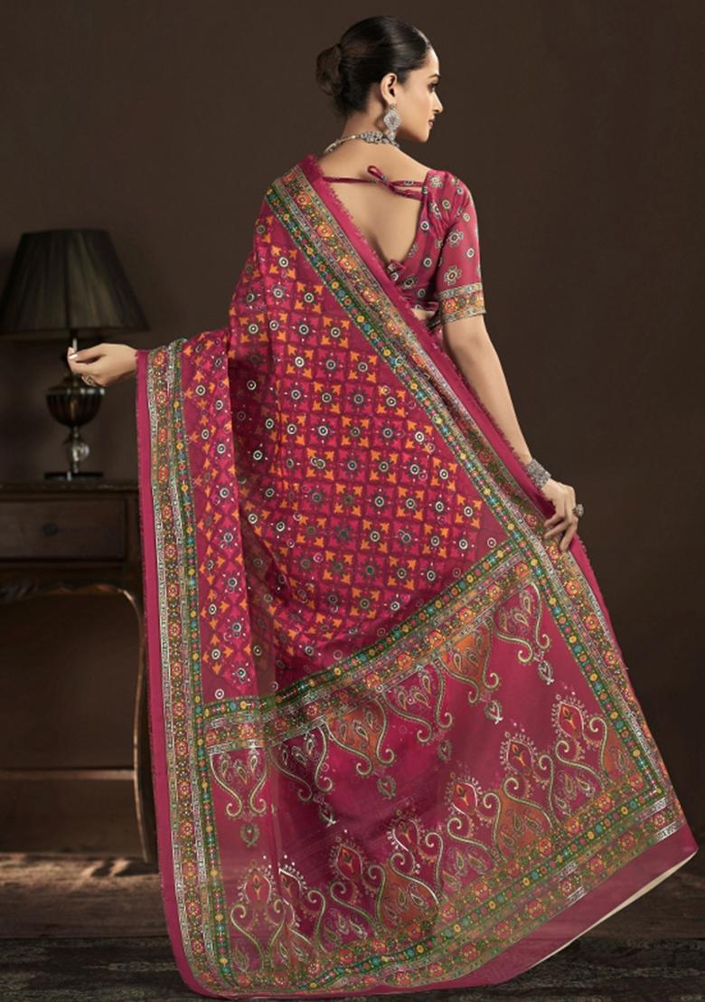 Red Abstract Silk Saree Set - Indya