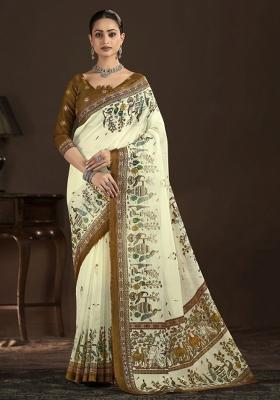 Cream Abstract Silk Saree Set
