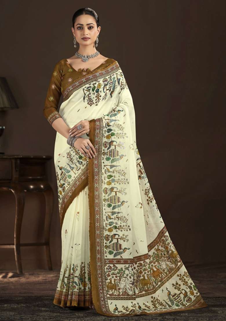 Cream Abstract Silk Saree Set for Diwali | Wedding & Festive Wear - Indya
