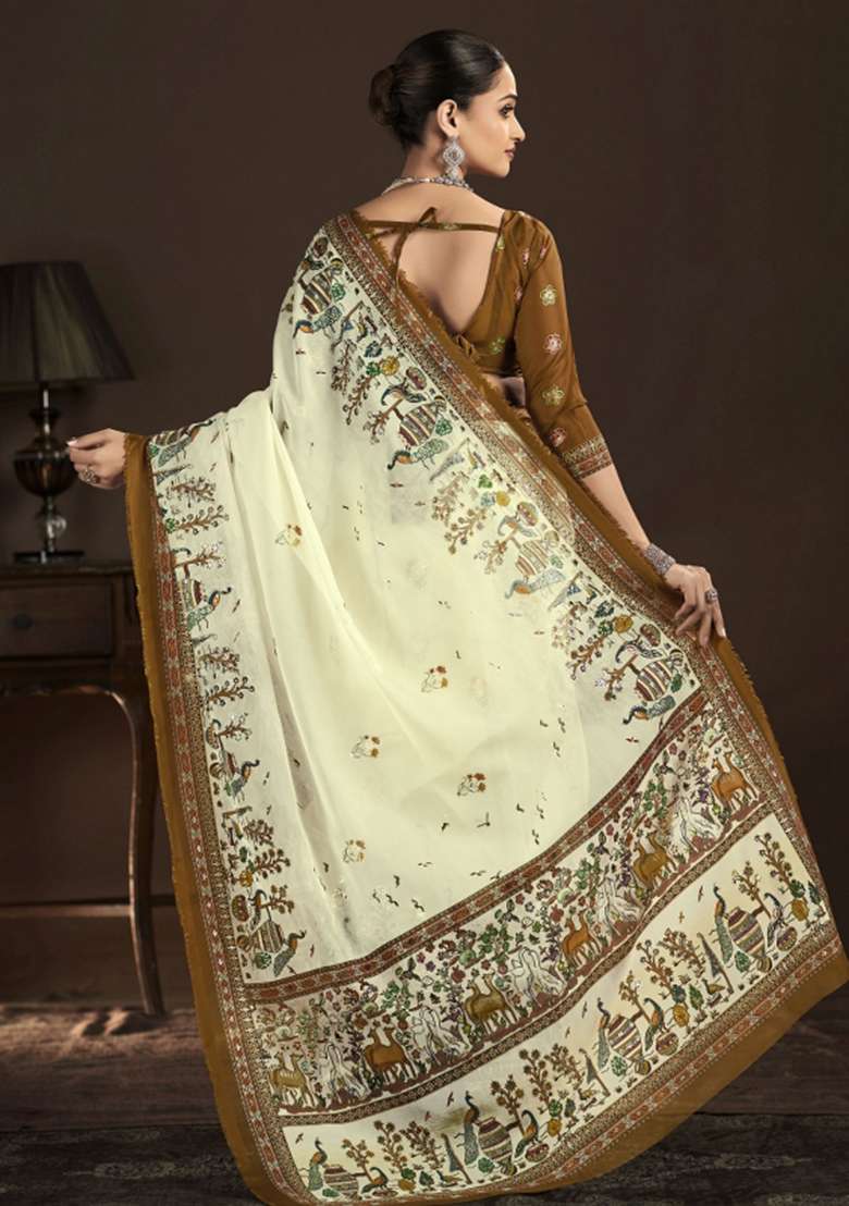 Cream Abstract Silk Saree Set for Diwali | Wedding & Festive Wear - Indya