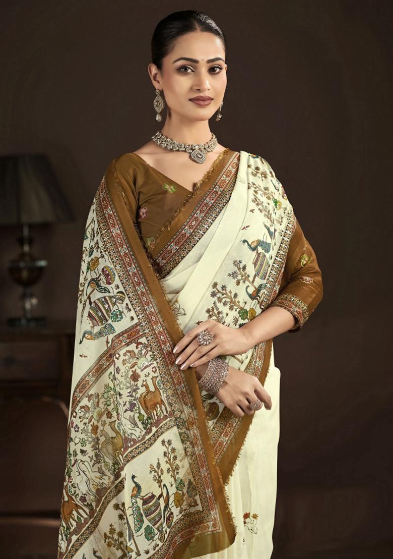 Cream Abstract Silk Saree Set - Indya