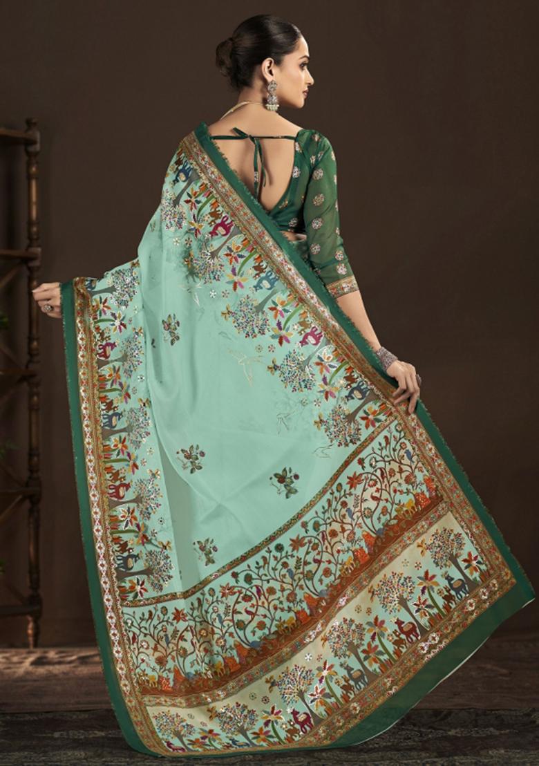 Sky Blue Abstract Silk Saree Set - Indya