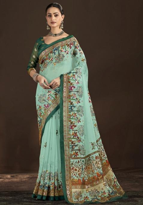 Sky Blue Abstract Silk Saree Set