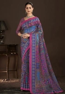 Blue Abstract Silk Saree Set