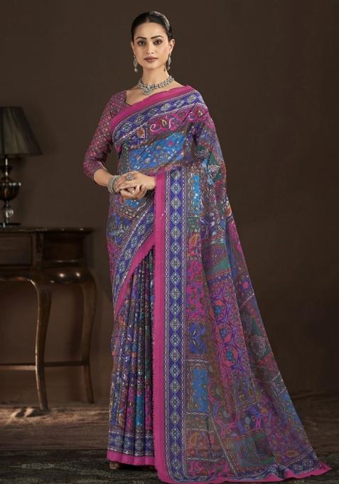 Blue Abstract Silk Saree Set