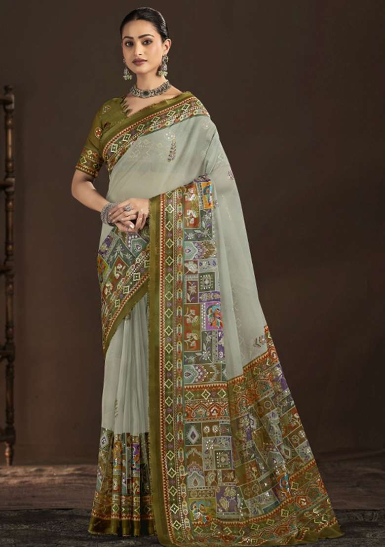Green Abstract Silk Saree Set for Diwali and Festive Wear - Indya