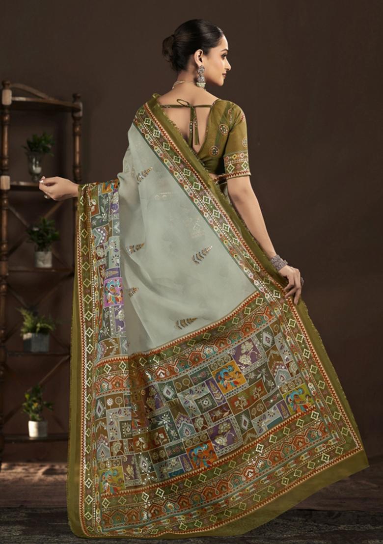 Green Abstract Silk Saree Set - Indya