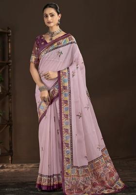 Pink Abstract Silk Saree Set
