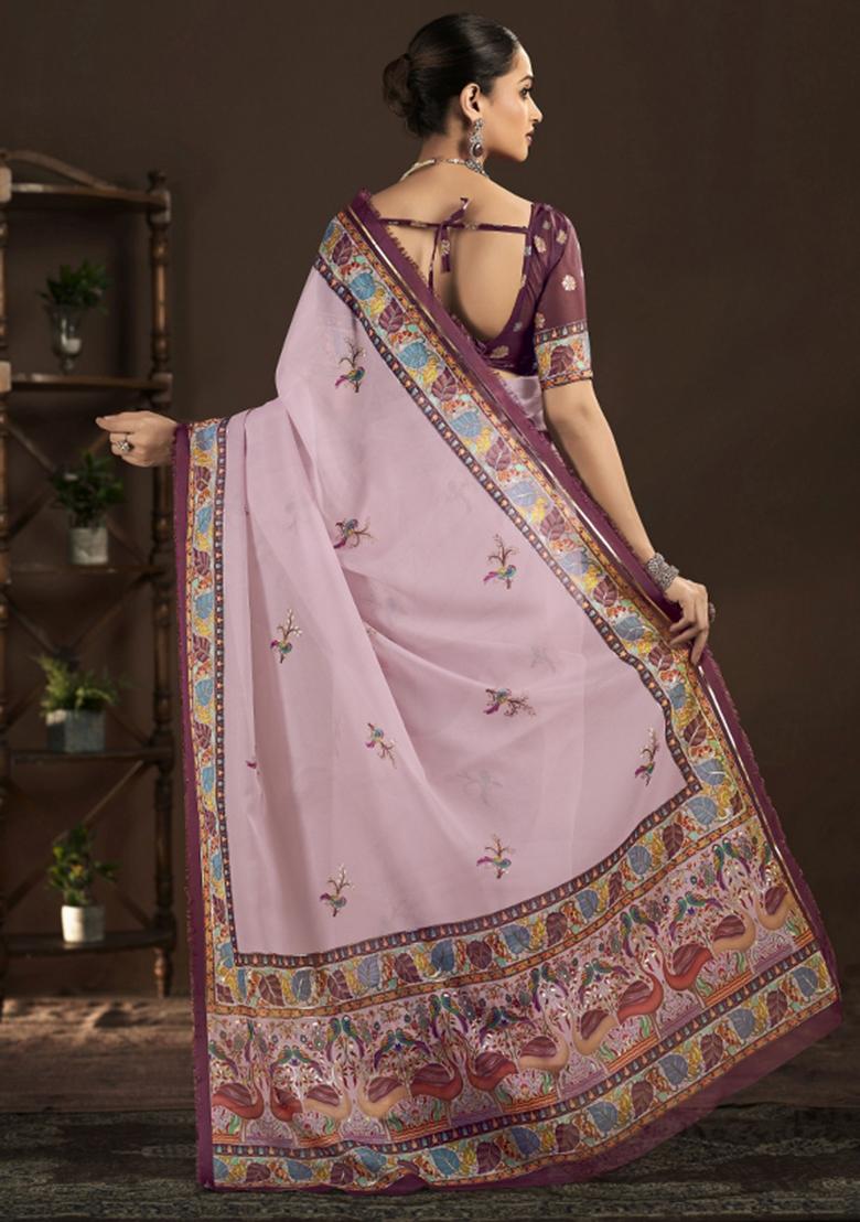 Pink Abstract Silk Saree Set - Indya