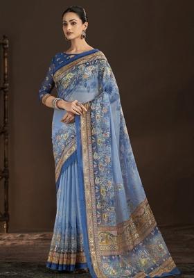 Blue Abstract Silk Saree Set