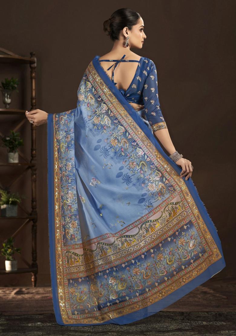 Blue Abstract Silk Saree Set - Indya