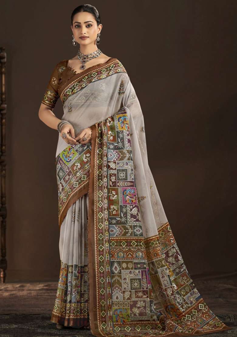 Off White Abstract Silk Saree Set for Diwali and Festive Wear - Indya
