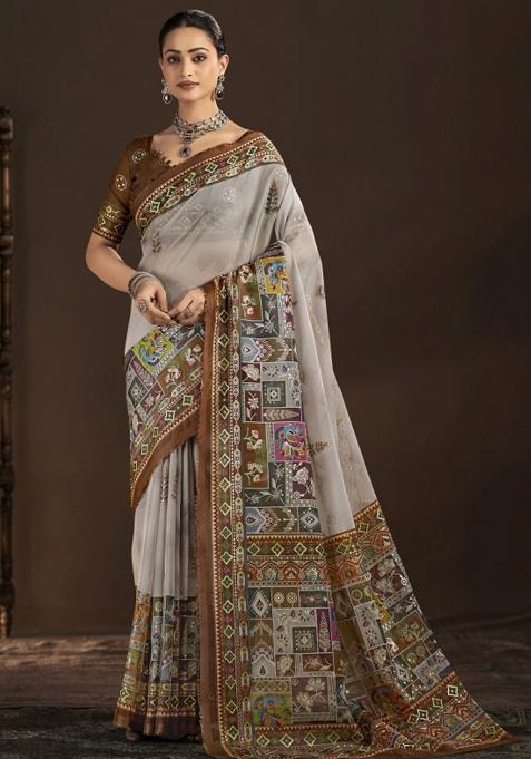 Off White Abstract Silk Saree Set