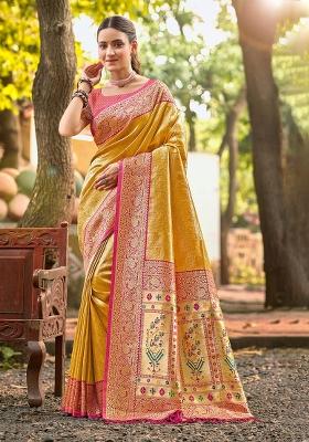 Mustard Zari Work Silk Saree Set