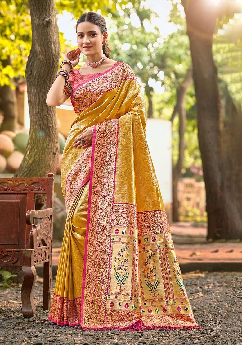 Mustard Zari Work Silk Saree Set - Indya